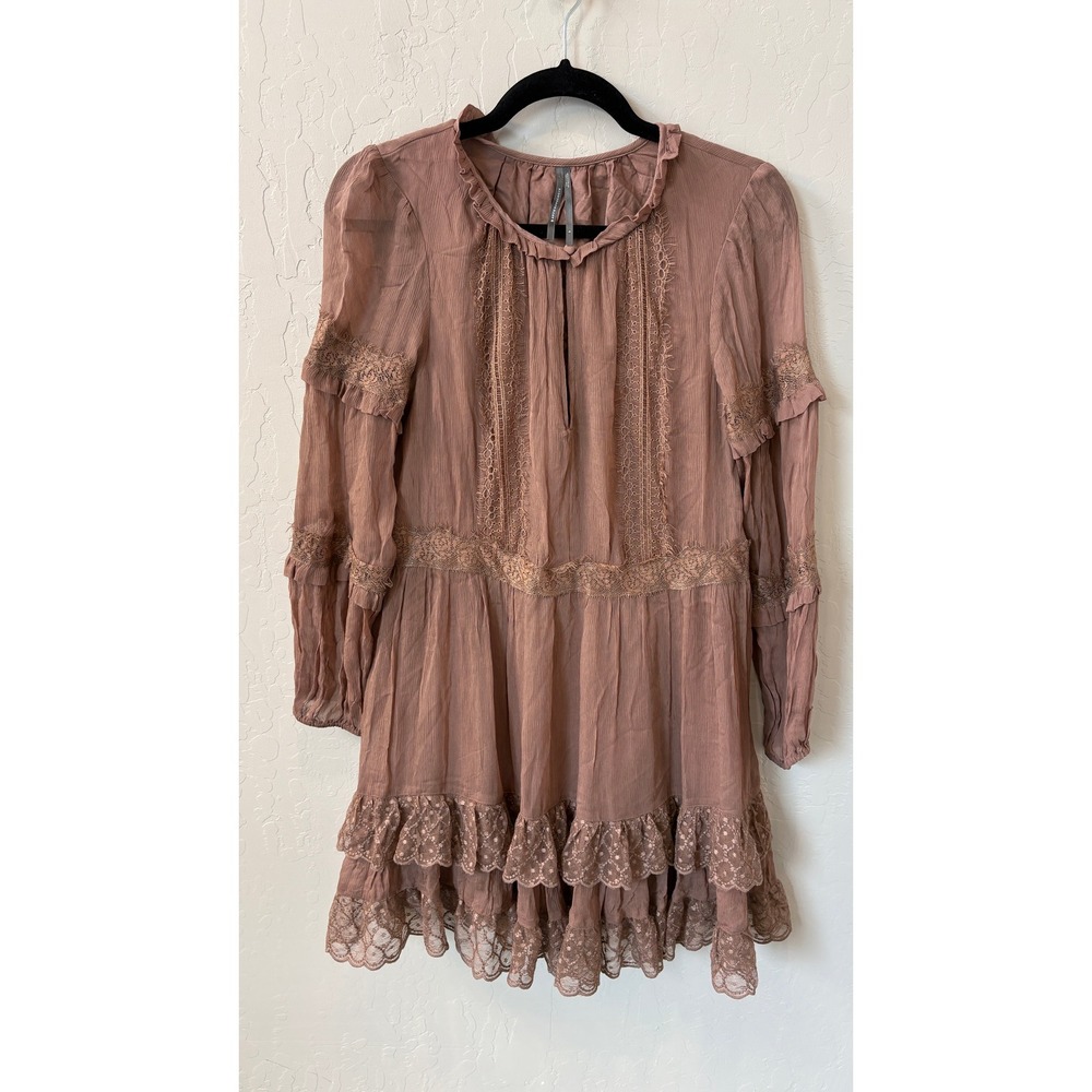 By Anthropologie Lace Pleated Mini Dress Mauve Brown Long Sleeve Sz‎ Small